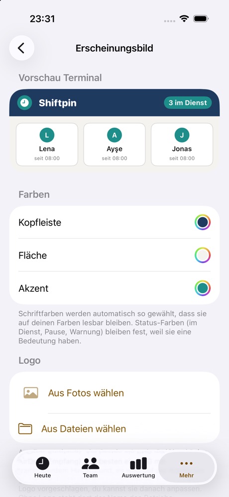 Erscheinungsbild: Vorschau des Terminals, Farbwähler für Kopfleiste, Fläche und Akzent, Logo aus Fotos oder Dateien