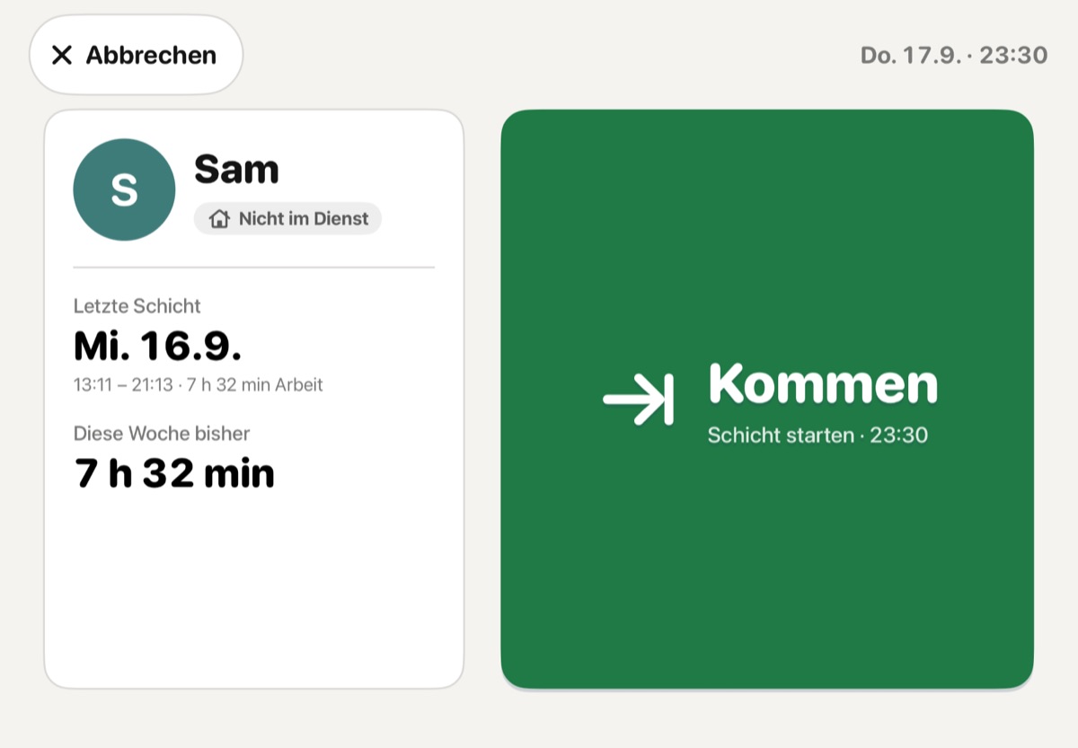 Aktionsansicht: Sam, letzte Schicht, großer grüner Knopf Kommen